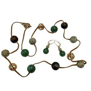 Vintage Signed Monet Set Necklace 38" Earrings 2" Green Bead Gold Tone Suede